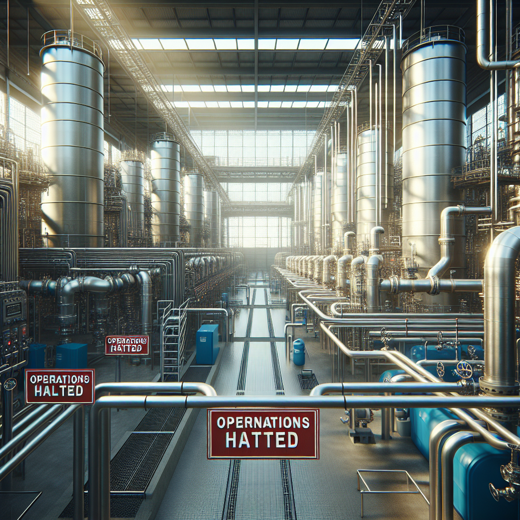 Create a high-quality, photorealistic image featuring a water operations facility during a shutdown. Depict it with natural lighting and soft shadows to show details of the complex system of pipes, valves and tanks. Include banners or signs that indicate 'Operations Halted' and 'Shutdown 2021' in a visually stunning manner.