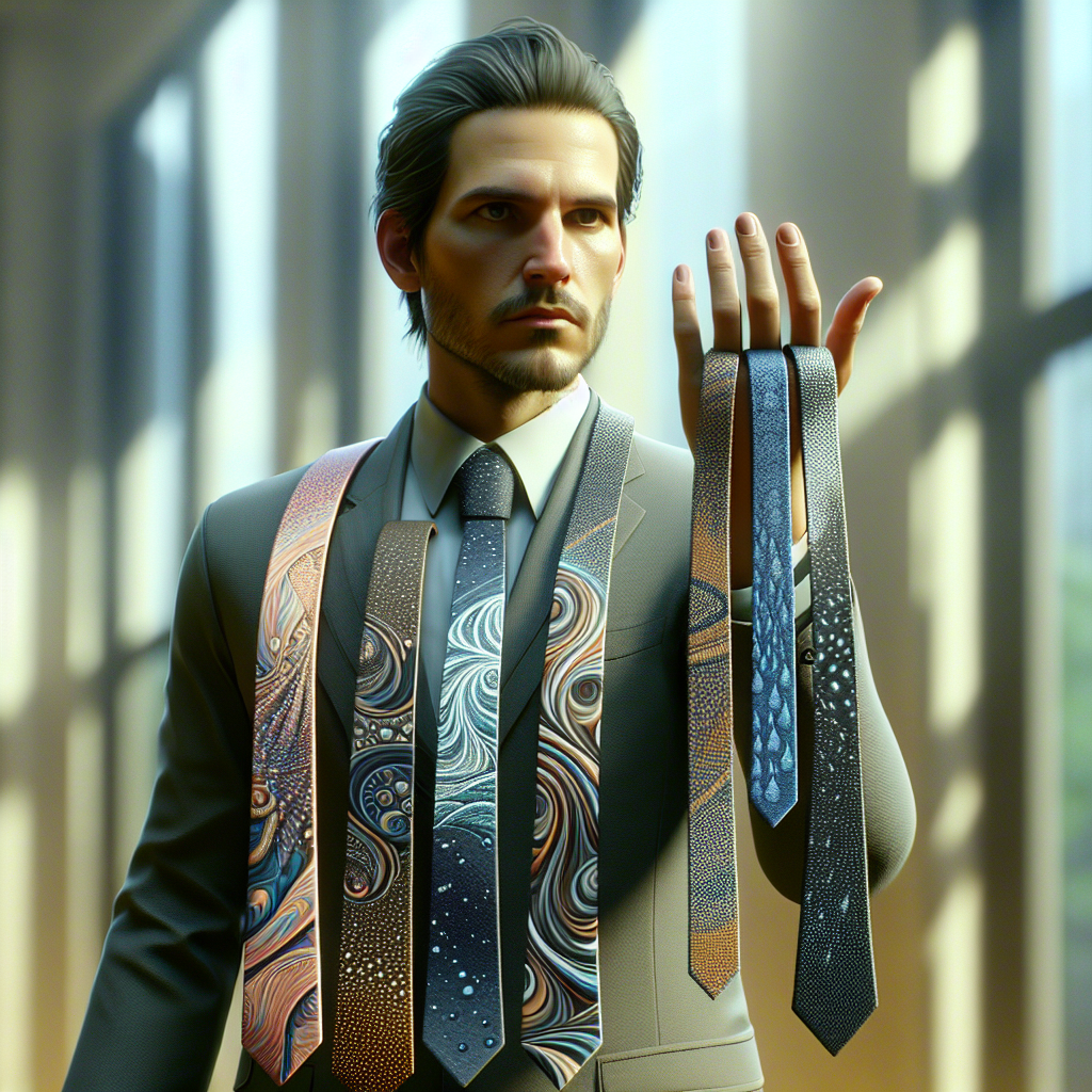 Generate a high-quality, photorealistic image of a dynamic scene in Nevada Assembly. Introduce a man of average buildup with short hair, dressed in professional attire, revealing an assortment of water ties with stunning aesthetics. The setting should highlight natural lighting and soft shadows to create depth and realism. The ties should have a unique array of designs, some displaying river patterns, raindrop motifs, and abstract interpretations of water.