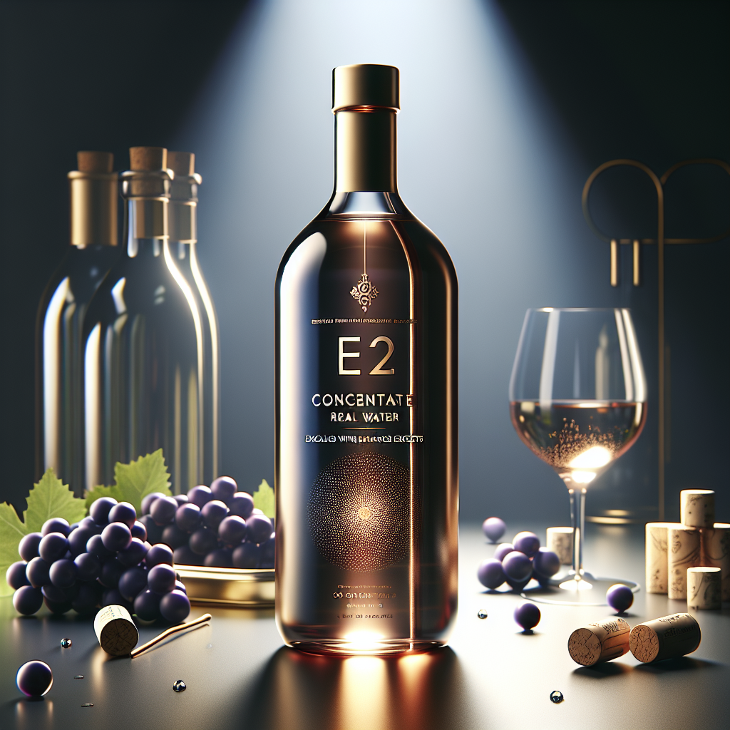 Create a high-quality, photorealistic illustration. The focus of the frame should be an elegantly designed bottle entitled 'E2 Concentrate Real Water: Exclusive Wine Enhancer Secrets.' Natural lighting should gently illuminate the setting, casting soft shadows and bringing out the beauty of the details. Surround the bottle with subtle hints of winemaking - corks, grapes, and perhaps a partially seen wine glass. Play with the reflections and light to create an ambiance of luxury and exclusivity. Note: Make the image color-rich and detailed to invoke that feeling of exclusivity and fine taste.