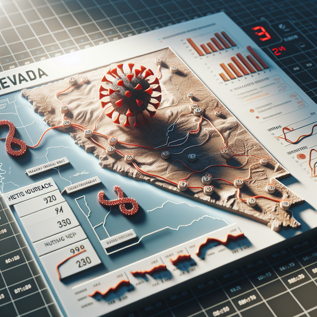 Create a photorealistic image to represent a Hepatitis outbreak in a fictitious region similar to Nevada. Depict a symbolic representation of the virus, graphical representation of outbreak data including numbers and charts, along with a map of the region layout marked with disease hotspots. The image should be infused with natural lighting and soft shadows to convey a sense of urgency and gravity. Do not use specific year indicators to keep it timeless.