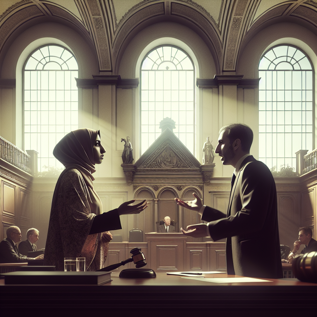 Generate an image in high resolution portraying a metaphoric representation of a compelling legal battle regarding water rights. This can be depicted as a classic courtroom interior scene where diverse attorneys, one middle-eastern female and one hispanic male, are engaged in a passionate exchange, symbolising the unfolding of a significant case. The room is filled with soft shadows and natural light streaming from tall, arched windows.