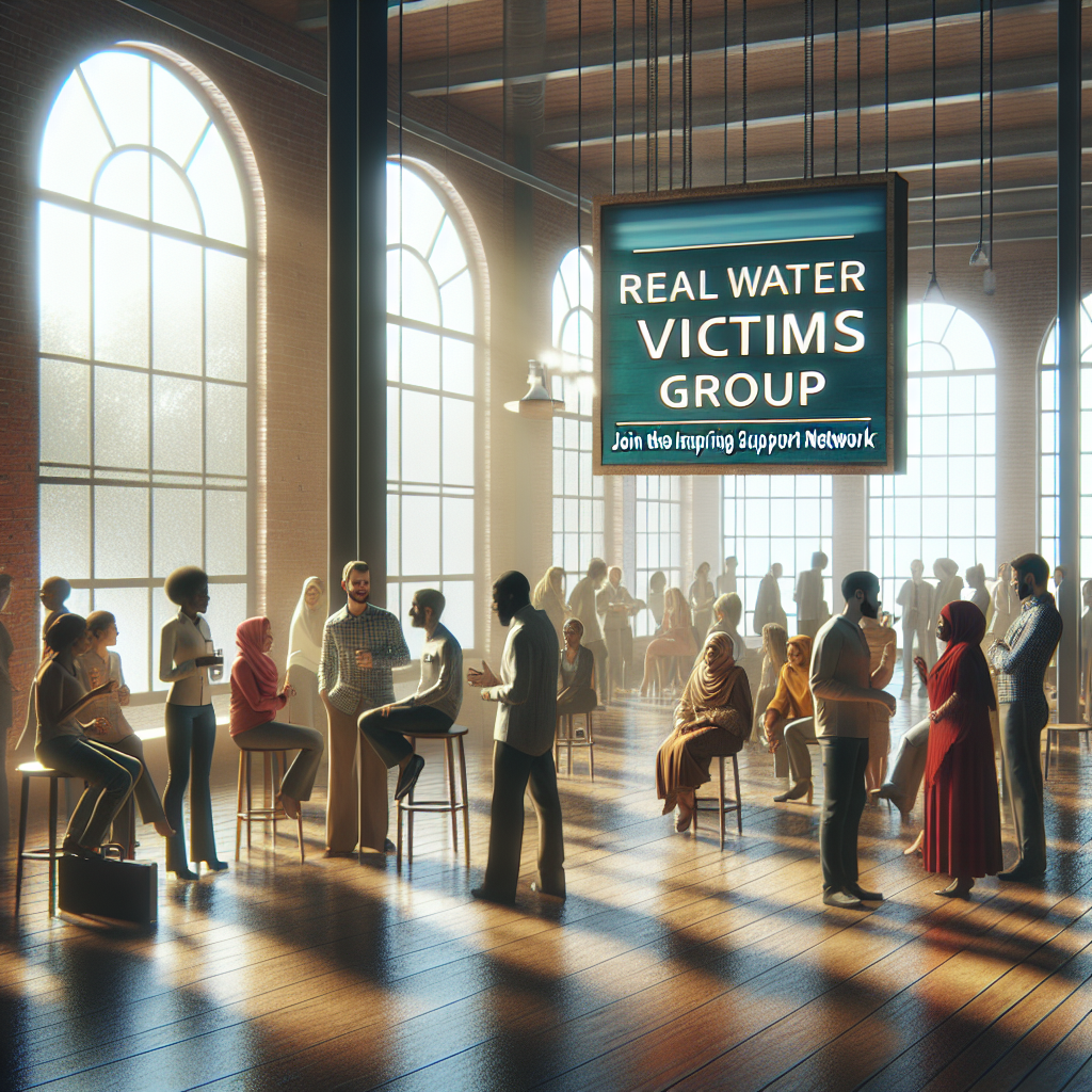 Produce a vivid image of an inviting space representing an inspiring support network. The scene is filled with people from various DESCENT and GENDER, encompassing Hispanic, Caucasian, Middle-Eastern, Black, and South Asian, actively engaged in conversation. In the center of the room stands a sign board with the words 'Real Water Victims Group: Join the Inspiring Support Network'. Light streams in through large windows, casting soft shadows and illuminating the room in a natural, serene glow.