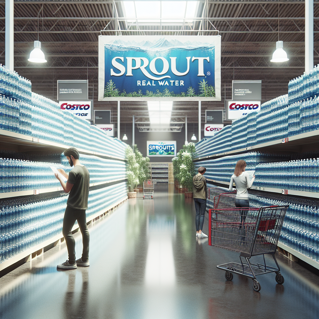 Create a high-quality, photorealistic image that captures the stunning impact of the real water recall event. Include softened shadows and natural light sources. Display Sprouts and Costco store locations where the event left a notable imprint. Perhaps show a combination of empty water bottle aisles, consumers reading product recall notices, and store employees handling returned products.