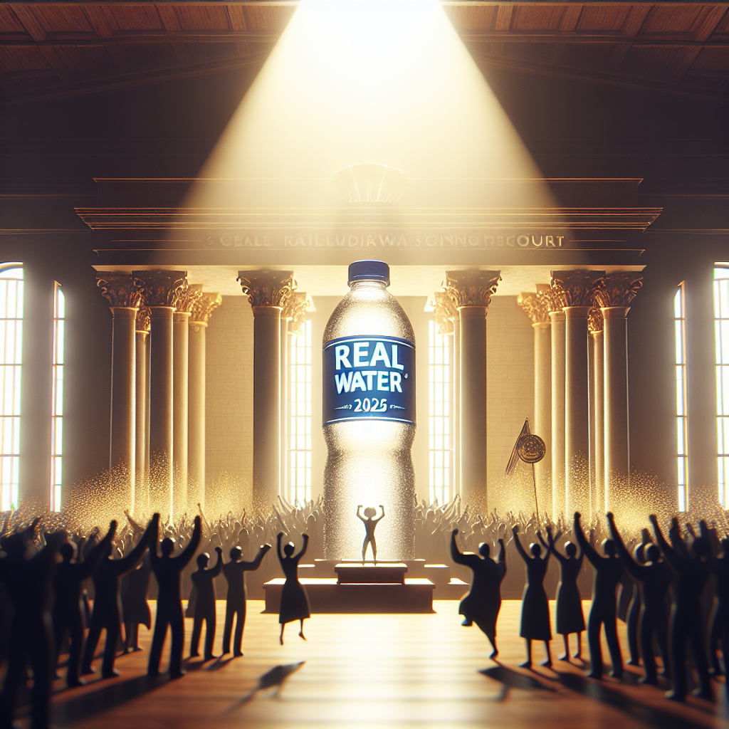 Imagine a symbolic representation of a trial victory. A broad daylight scene with 62 silhouetted people celebrating together. They are set against a backdrop of a grand court building. In the foreground, there's a bottle labeled 'Real Water 2025', standing victorious on a pedestal, splashed with the golden beam of sunlight giving it an aura of victory. The entire scene is draped in natural lighting and soft shadows, adding to the intensity of the celebration and the serene, yet triumphant atmosphere.