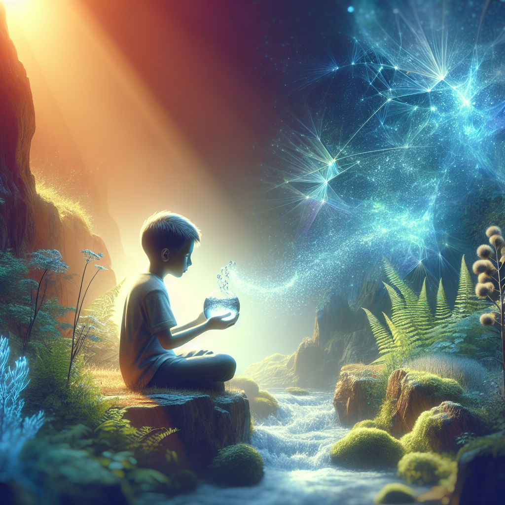 Generate a photorealistic image that depicts the course of a child's stunning recovery from illness. It features a symbolic representation of real water, implying the natural healing process. The scene vibrantly captures natural lighting and soft shadows, adding depth and dimension to the imagery. The highlight of this image is the child, who shows signs of vitality and happiness against past struggles, conveyed subtly through the surrounding environment. Please note that all characters in the scene are fictional.