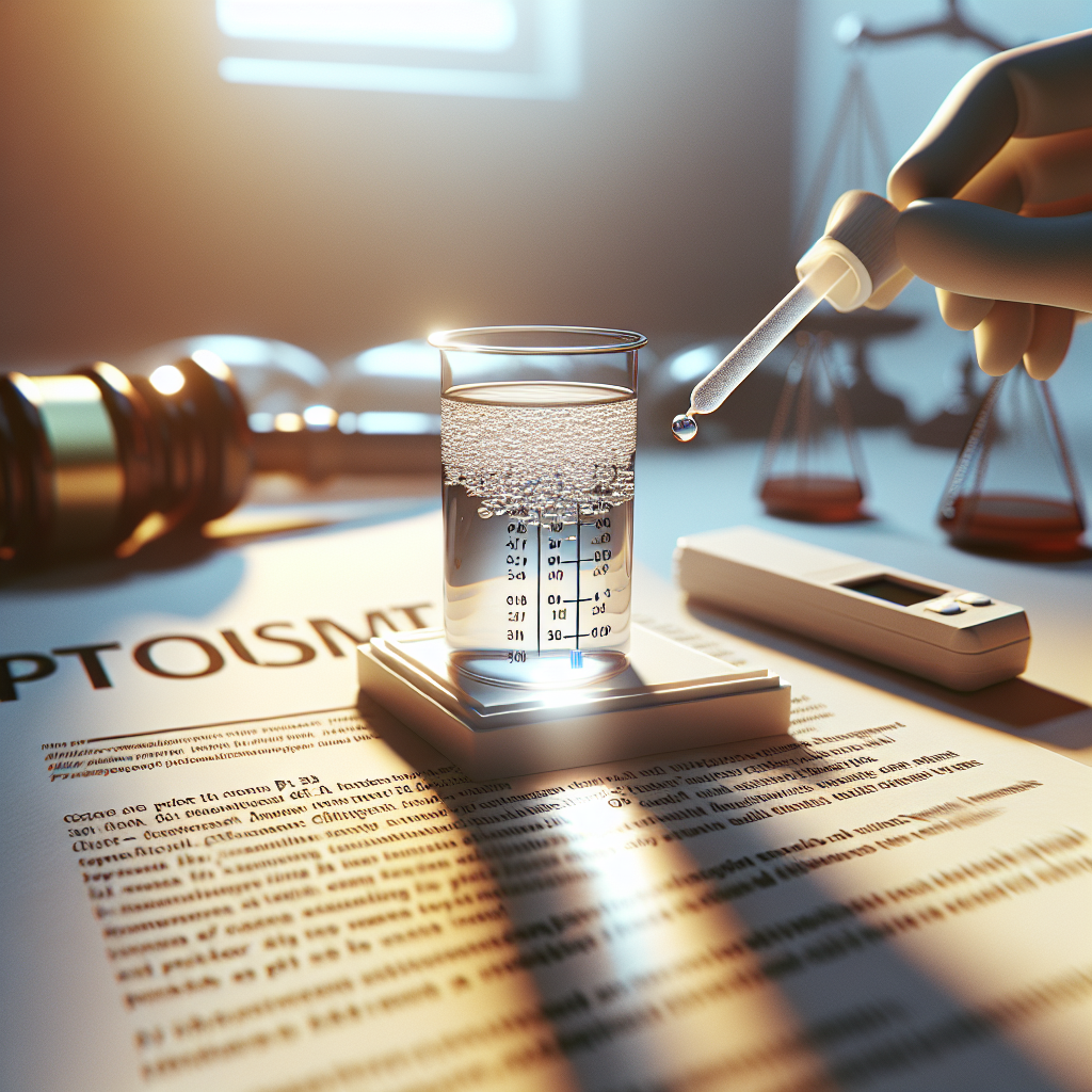 Create a photorealistic image representing a critical concept in chemistry, specifically water pH testing. Show a close-up of a testing kit being used to analyse the pH levels of a water sample, with high contrast highlighting the testing element. The background should consist of a court document with text focused on allegations about irregularities in water testing. The lighting should use a natural setting, with soft shadows adding depth to the image. No identifiable individuals should appear in the scene.