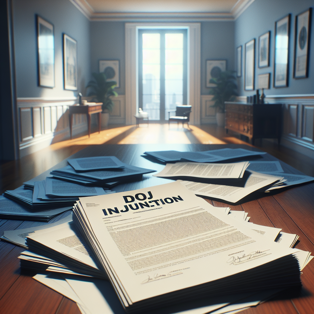 Generate a high-quality, photorealistic image illustrating a scene of legal papers dispersed on a hardwood table, with the leading document titled 'DOJ Injunction'. The room is filled with natural lighting, creating soft shadows. The background subtly hints at a crisis, perhaps an empty water bottle symbolizing the end of 'Real Water'.