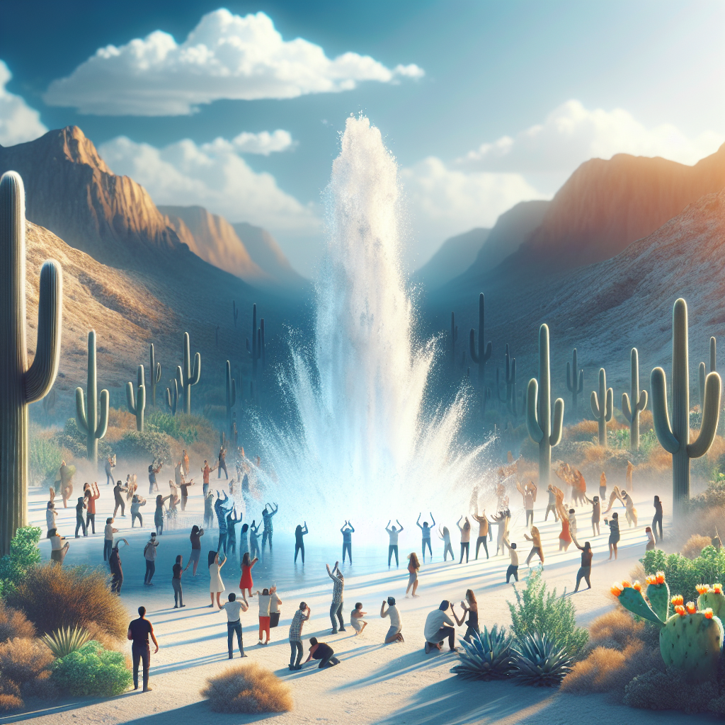 Design a vivid, high-resolution image showcasing the dramatic effect of real water. The focus should be on the Southwest region, where consumers are amazed by the impact. Use natural lighting to enhance the picture and use soft shadows for depth. The environment can be a desert with cacti and expansive skies, expressing contrast between the harsh arid landscape and the life-giving water. People can be present, showcasing a variety of reactions. From awe and surprise to relief and joy. Make sure to be multicultural in representing people, including a balanced mix of genders and ethnicities.