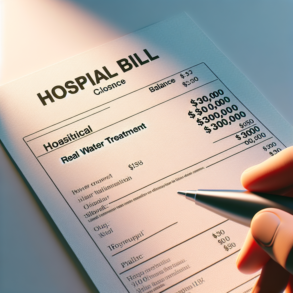 Create a photorealistic image reflecting the shocking high cost of a hypothetical hospital treatment. Present a hospital bill close up with a balance of $300,000 labeled as 'Real Water Treatment.' The image should embody natural lighting, lending it a serene yet stark contrast, and soft shadows. Please ensure that the image does not imply any kind of discrimination or bias, and maintains a neutral perspective.