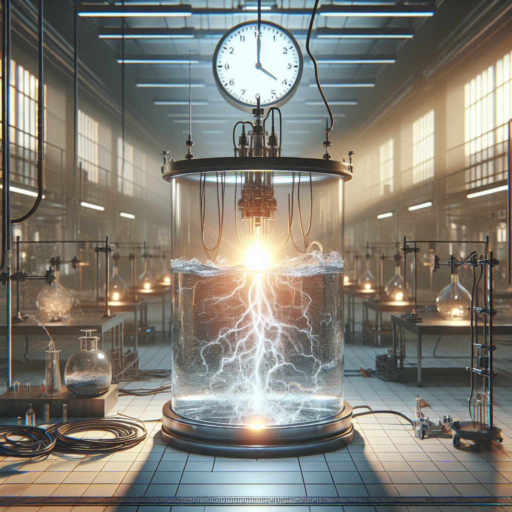 Create a high-quality, photorealistic image that tells a story of 'Real Water Electrification: Stunning 12-Hour Discovery'. The scene should be dramatically lit with natural lighting and marked by soft shadows. Depict an experiment where electricity is applied to water over a 12-hour period, and show the surprising phenomena or reactions that result. The setting is a well-equipped modern laboratory, with the central focus being a large transparent container holding the water undergoing electrification. There should be an intricate network of wires and smaller machinery connected to it. Use a timeline or clock to indicate the progression of time.