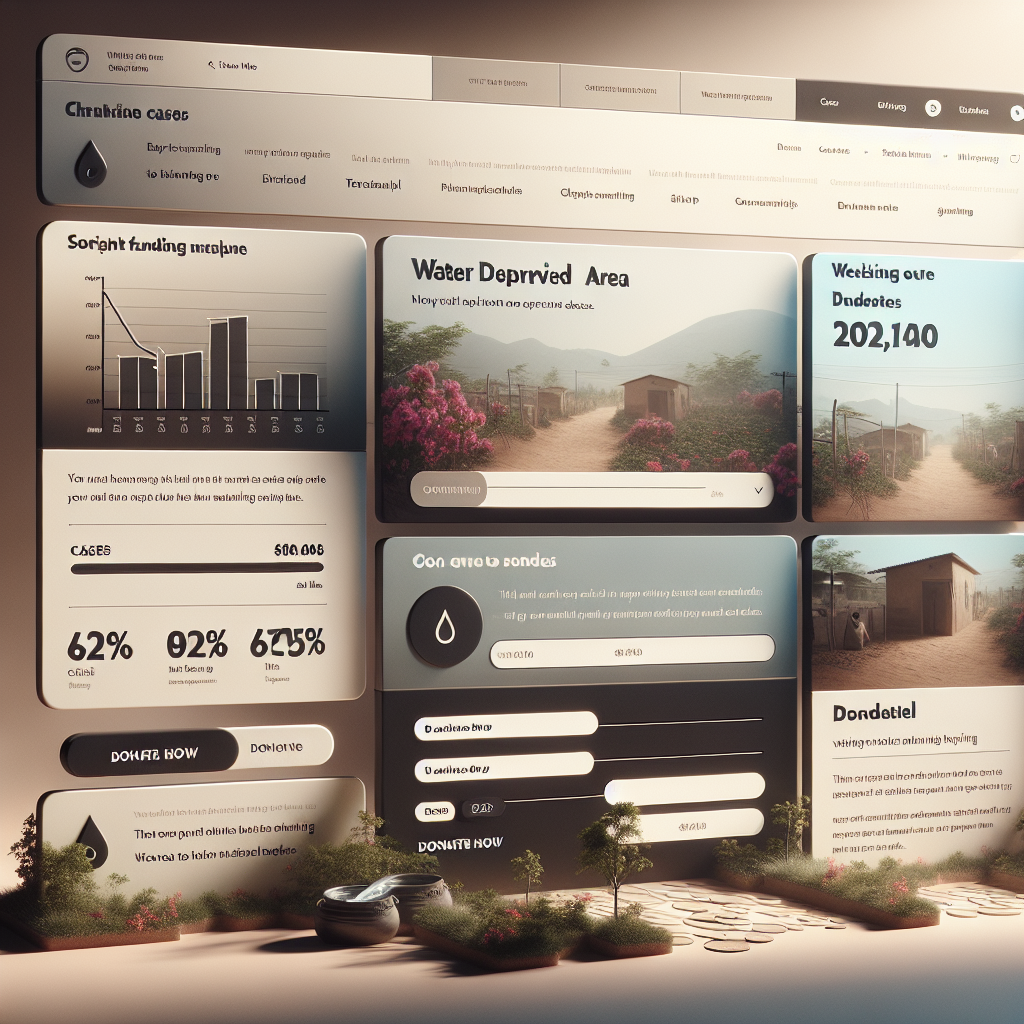 A high-resolution, photorealistic scene illuminated by natural lighting and cast with soft shadows, showcasing a webpage design. The webpage's main focus is on charity fundraising related to water issues. The page contains various cases, each with a brief description and a photo of a water deprived area along with the amount of donations raised. There's also a progress bar for each case that shows how close they are to their fundraising goal. Elements of webpage such as 'Donate Now' buttons and testimonials can also be seen.