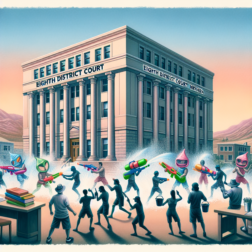 An illustration of a courthouse labelled 'Eighth District Court Nevada' standing majestically. This building is surrounded by a vast landscape, with participants engaged in an exciting water battle. Picture this - individuals of different genders and descents, engaging in water fights using water guns and buckets, full of energy and fun. Notice the natural lighting casting soft shadows, making the scenery look more dramatic. The blend of fun and seriousness creates an interesting paradox.