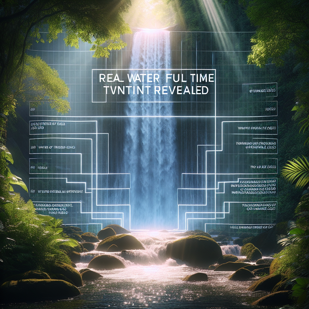 Create a photorealistic image illustrating a timeline. The main element should be a waterfall, cascading down in a serene natural landscape, lit beautifully by natural lighting, yielding soft shadows around the scene. Overlay text to indicate various significant moments on this 'Real Water Full Timeline' until the year 2025, with the major verdict or event marked 'Stunning 2025 Verdict Revealed'. The text should be integrated well onto the image like it's part of the timeline, aiding the visual narrative yet not obstructing the beauty of the natural scene.