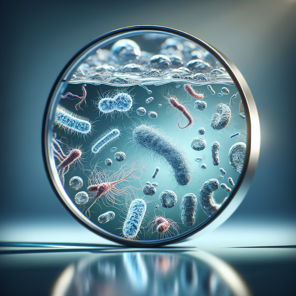 Create a photorealistic image capturing the concept of microbial contamination in water. The image should illustrate clear water, seemingly clean, with a magnifying view on one side revealing the presence of multiple types of microscopic organisms, symbolizing the shocking level of contamination. Please use natural lighting and soft shadows for a dramatic effect.