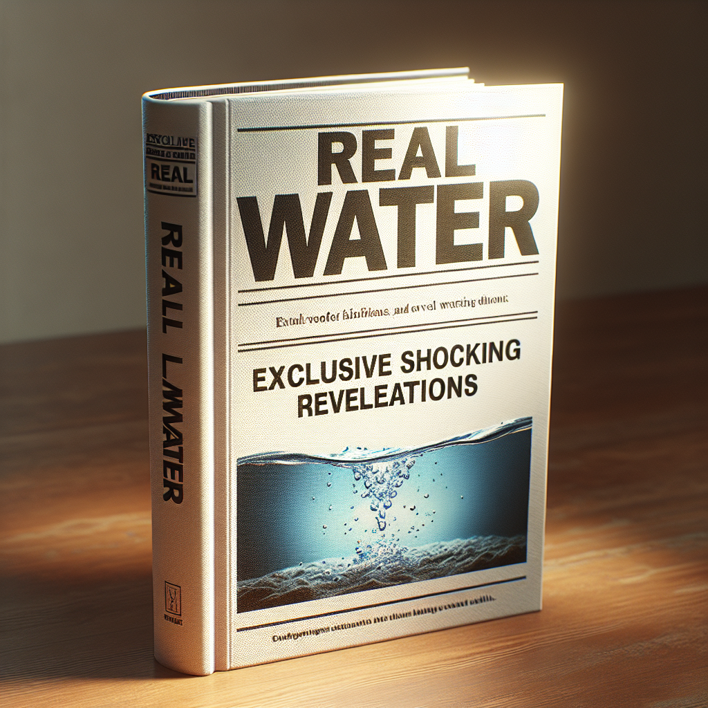 Generate a high-quality, photorealistic image with natural lighting and soft shadows. The scene should depict a nondescript book titled 'Real Water'. The book with a detailed cover is opened to a page showing a headline reading 'Exclusive Shocking Revelations'. The scene is calm and serene, primarily conveying the mystery and intrigue of the book's content. A soft, natural light filters through a nearby window, casting warm, soft shadows and subtly enhancing the book's features.