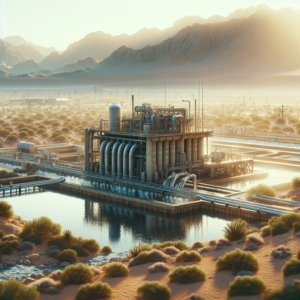 A photorealistic image reflecting a water treatment facility situated in a desert landscape, possibly in a place like Henderson, Nevada. The facility is expected to have shocking issues visible: rusty pipes, leaking water, overgrown shrubs. The scene is beautifully lit with natural light creating soft shadows, giving a contrast to the grim state of the facility.