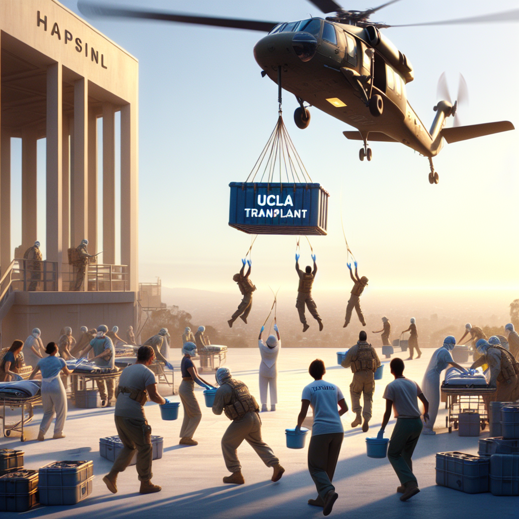 A scene showing an exclusive airlift operation in action. It's daytime, and the natural light creates soft shadows. A helicopter is flying overhead, its rotating blades visible against the clear sky. Below, there's a team of diversely gendered and multi-ethnic medical personnel handling containers reading 'UCLA Transplant'. The containers hold precious life-saving water pulled from the surrounding ocean for the transplant operations. The feeling of triumph pervades the scene as everyone works in harmony, with a backdrop of the UCLA campus in the distance.