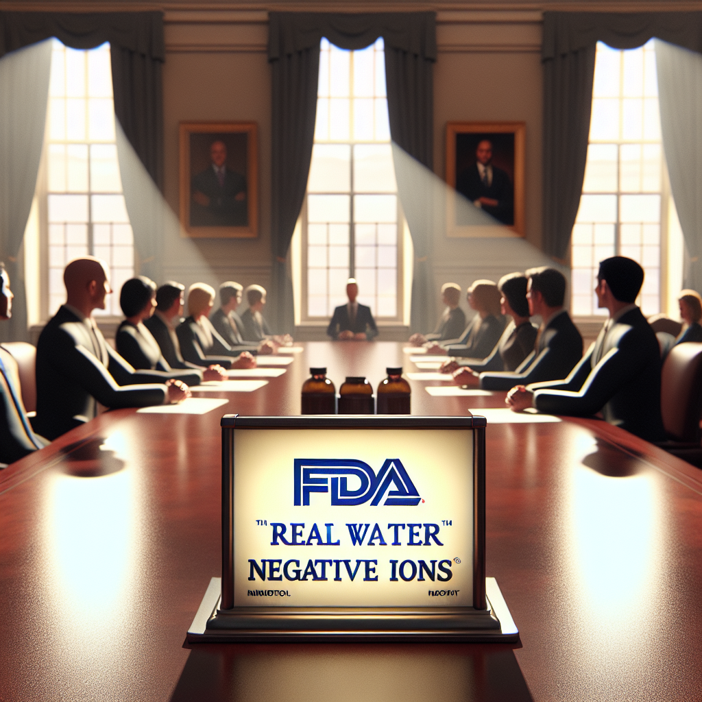 Create a photorealistic image of an FDA scrutiny scene. The set should portray a meeting room with natural lighting and soft shadows. There should be several individuals of different genders and descents who are engaged in a discussion. In the room, a label representing 'Real Water Negative Ions' should be showcased on a table with a metal stand. The label should be artistically designed but under an intense gaze of the individuals inferring the FDA scrutiny. Please ensure the mood of the image communicates the intensity of the situation.
