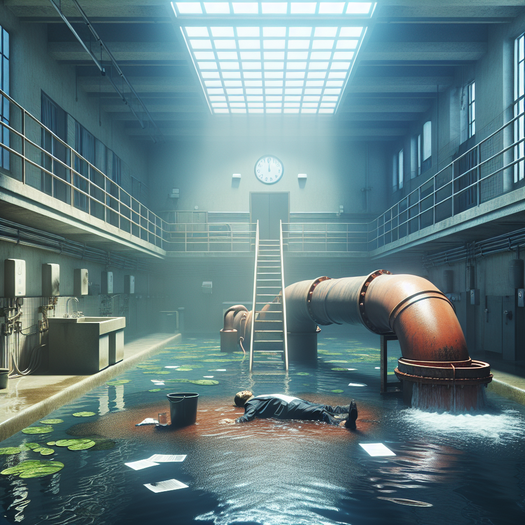Generate a high-quality, photorealistic image with features like natural lighting and soft shadows which portrays a disturbing scene of a real water sanitation failure, indicating a dramatic revelation due to a Department of Justice lawsuit exposé.