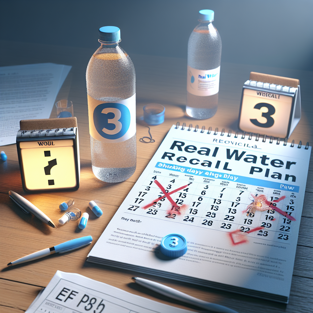 Render a photorealistic image illustrating the concept of a 'Real Water Recall Plan' with an emphasis on a shocking three day delay. Include visual metaphors such as a calendar showing three days crossed out, a water bottle with a 'Product Recall' label, and an anxious public reaction. Use natural lighting and soft shadows to heighten the overall impact.