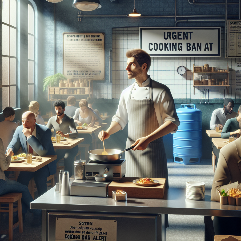 Create a high-quality, photorealistic image depicting a lively restaurant scene; the setting is washed in natural lighting that casts soft shadows around. In the foreground, a male Caucasian chef can be seen in a state of urgency preparing a meal in an open kitchen. His expression showing alertness, as if he received a crucial cooking ban alert. Notice boards in the background highlight the phrase 'Urgent Cooking Ban Alert'. Add details such as customers sitting at adjacent tables, diversified in gender and descent, engaging in their meals or conversations. There's a distinctive blue water tank on one side, marked 'Real Water'.