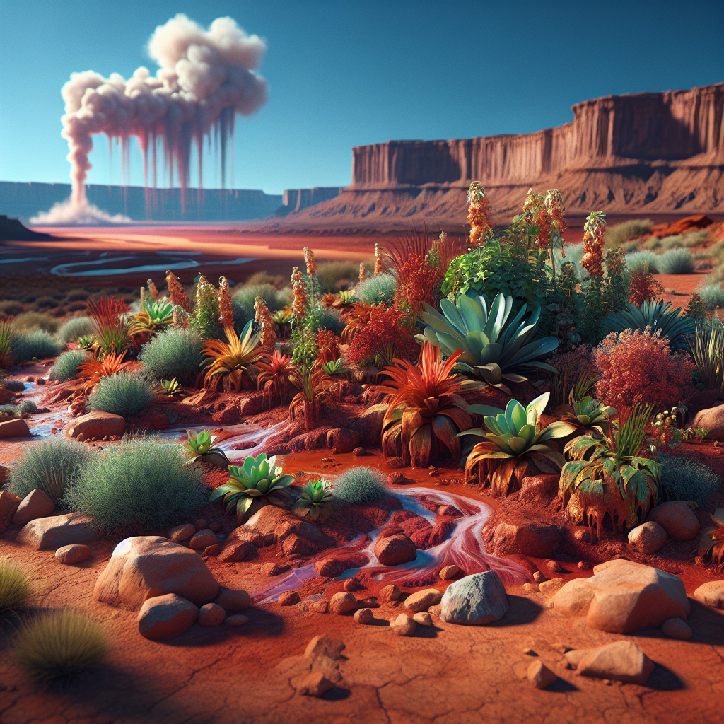 Create a high-quality, photorealistic image using natural lighting and soft shadows that depicts a surprising scenario in Water Mesa, Arizona. The scene includes alarming environmental contamination that has impacted the local plant life. The sky is a rich blue, contrasted against the iconic red earth of Arizona. The foreground features a variety of flora visibly affected by the contamination, with unusual colors and deformities, while the background provides the broader context: rugged mesa landscapes with patches of ill-looking vegetation. Convey a sense of urgency and concern with the composition and visual cues.