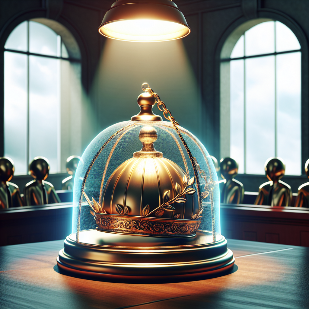 Generate a detailed image depicting a concept of the legal terminology 'Nevada Punitive Cap: Exclusive Limits Exposed'. The scene should portray a metaphorical representation of this term, perhaps an ornate golden cap kept within a spotlight, representing 'Nevada Punitive Cap'. The light source should be natural, with a soft glow and shadow effects to encapsulate the effect of 'Exclusive Limits Exposed'. Avoid using photographs of actual people or faces and use iconography to represent the idea. The elements should be set against a background of a stylized courtroom.