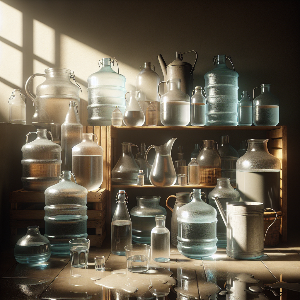 Generate a high-quality photorealistic image depicting a scene that includes several water jugs in natural lighting. The jugs should be various sizes and made from different materials such as glass, metal, and ceramic. Make the jugs appear as if they could somehow pose a risk or danger. The scene should be infused with an air of suspense. Incorporate elements like small puddles or water spillages, a precarious arrangement of jugs on a shelf, and other subtle details that suggest fragility or potential accidents. Use soft shadows to enhance the overall composition, making the potential risk associated with these everyday objects even more visceral and shocking.