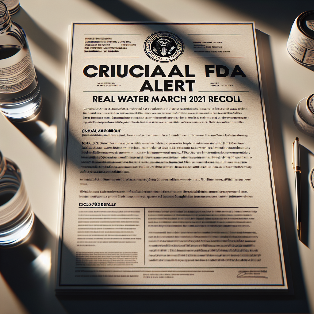 Generate a high-quality, photorealistic image showcasing an important official announcement titled 'Crucial FDA Alert', it focuses on an event named 'Real Water March 2021 Recall'. Display this announcement under natural lighting, casting soft shadows. The document contains meticulous exclusive details, but being careful to maintain the anonymity of people and institutions involved.