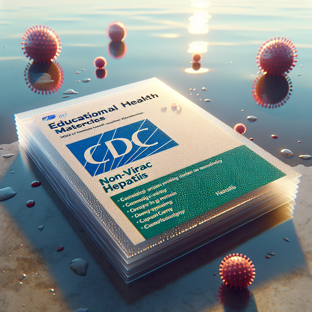 Create a photorealistic image using natural lighting and soft shadows. There should be a scene highlighting educational health materials related to Non-Viral Hepatitis from a health organization (unspecified, not CDC). The materials are surprisingly water-resistant and demonstrated as such, perhaps by sitting on a wet surface or with water droplets on them, showing their resilience and the ease with which they can be used and maintained.