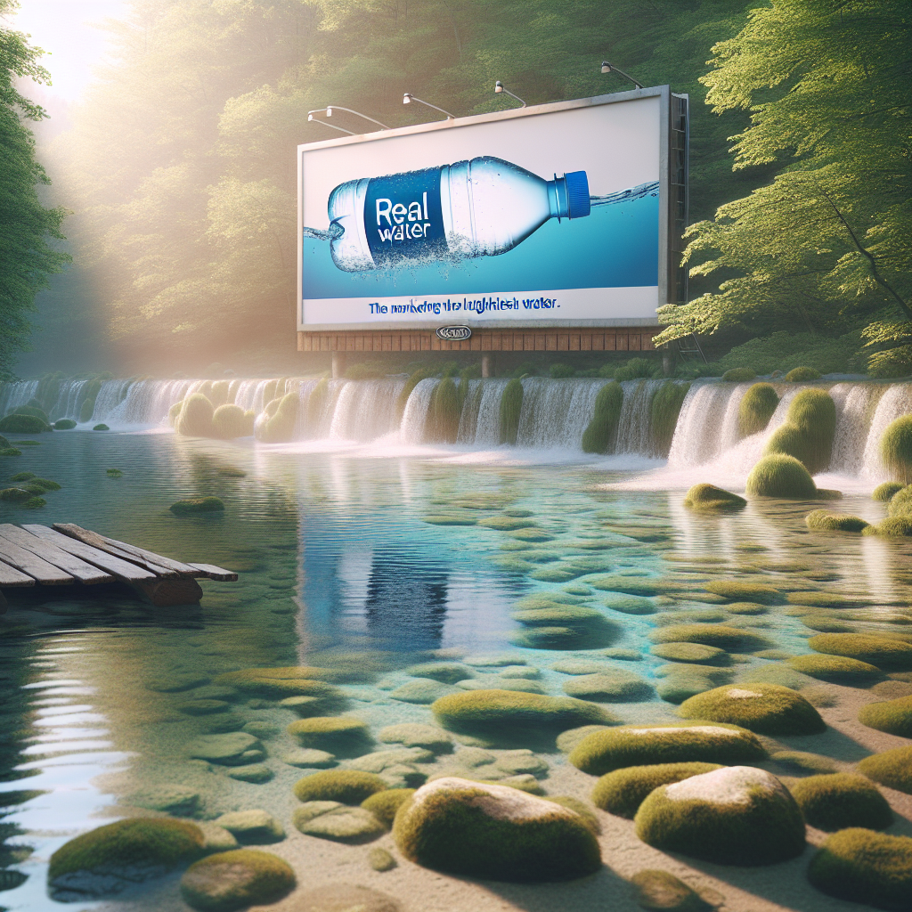 Create an image depicting a surreal and humorous scenario about a marketing failure in the water industry. Imagine a billboard advertising 'Real Water' – the so-called 'Healthiest Water', but with a major flaw that renders the marketing laughably ineffective. Perhaps the billboard is unintentionally placed in the middle of a clean, sparkling natural spring, or the water bottle on the ad is empty. The scene has natural lighting and soft shadows, making it look highly realistic despite its humorous premise.