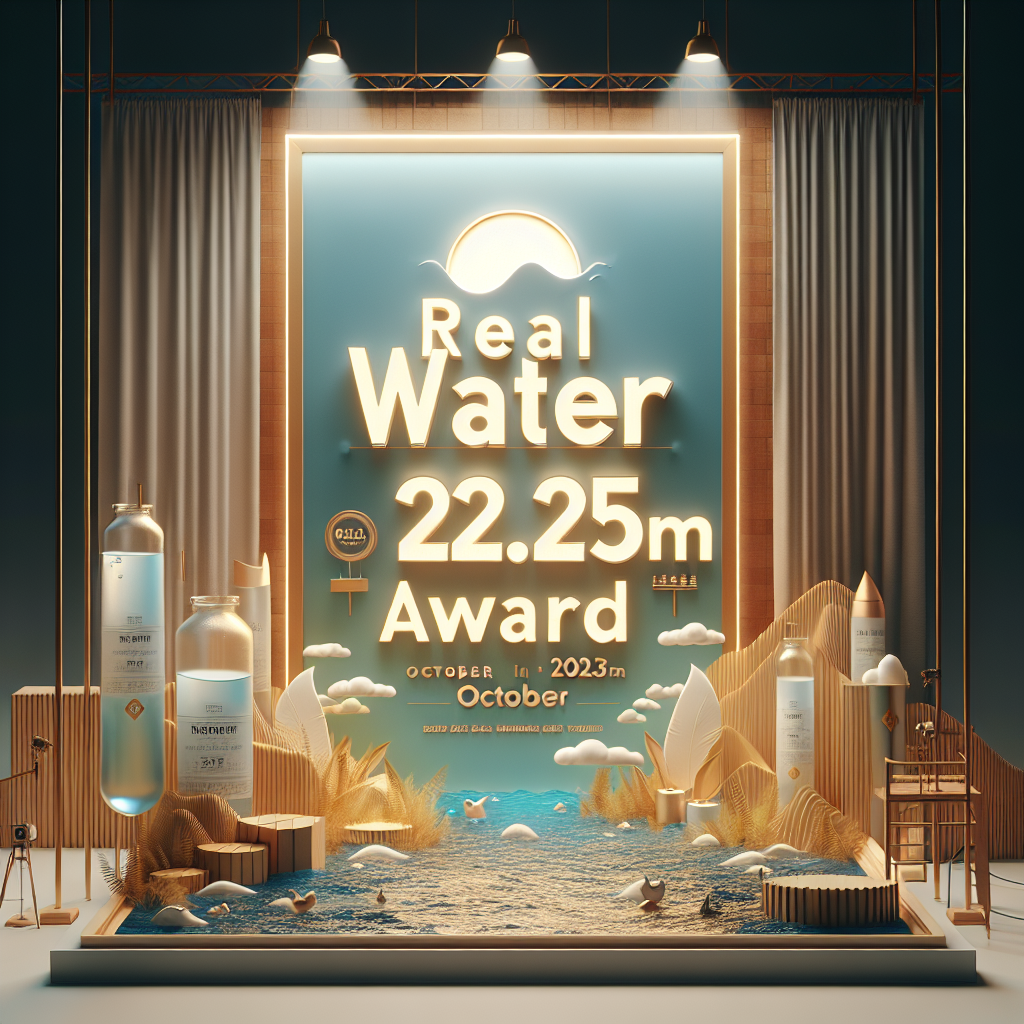 Design an image to depict a typography setup highlighting 'Real Water 228.5M Award'. The setting should be in the month of October in the year 2023, with an aura of triumph. The design should be high-quality and photorealistic, infused with an ambiance of natural lighting and soft shadows. The scene can be arranged in a celebration setup, portraying the honor of the award. The overall atmosphere should be inspiring and evoke a victorious feeling, perfectly capturing the stunning October triumph.