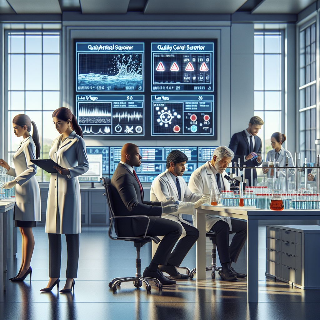 Visualize a dynamic, professional scene in a sophisticated laboratory. In it, a diverse team composed of a Caucasian female inspector, a Black male quality control supervisor, and a Middle-Eastern female lab assistant are testing water samples. These samples are drawn from various sources in Las Vegas. Digital displays in the background show surprising and alarming analytical results. Natural light floods through the windows, casting soft shadows across the laboratory. The idea is to convey urgency and shock concerning the state of water quality in Las Vegas.