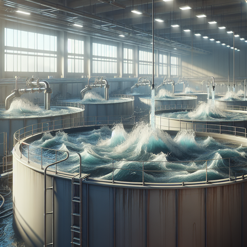 Create a photorealistic image highlighting a scenario of severe trouble in a water treatment facility. The key element of the scene is a group of real water dilution tanks, portrayed under natural lighting conditions with soft shadows. The tanks are filled directly with water, illustrating the gravity of an E2 mixing crisis. The water appears perturbed, swirling in an unusual pattern, reflecting failure in the mixing process. There's an evident sense of urgency and chaos as facility workers are trying to contend with the crisis. Remember, the aim is to focus on the seriousness of water treatment issues.