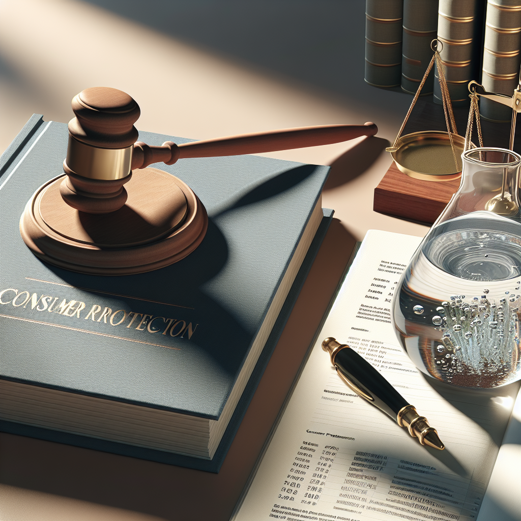 Create a detailed and high-quality image under natural lighting that portrays a legal setting - specifically, a court case involving consumer protection. Emphasize the unique aspect of the case revolving around water records. Display soft shadows in the scene for added depth and realism. The visual elements could include a gavel, legal documents, and a carafe of water with a record book related to water statistics.