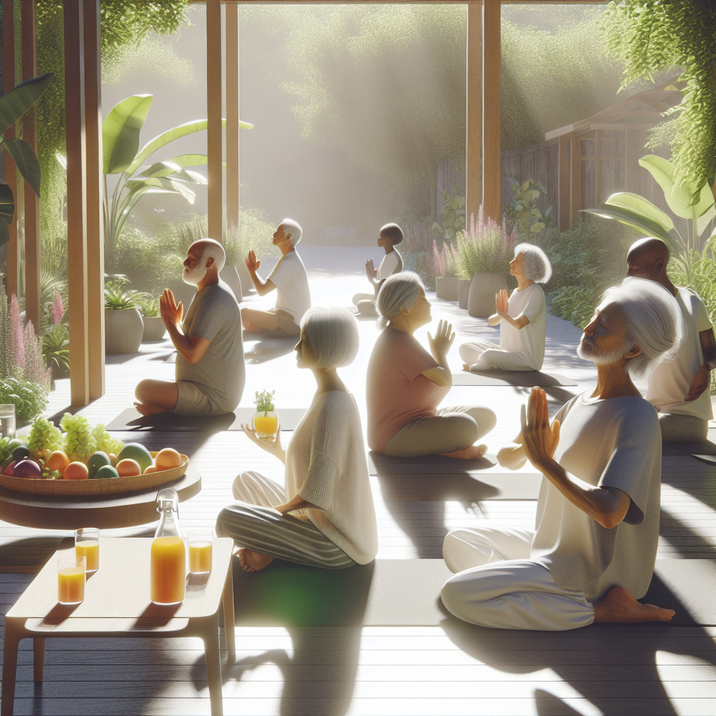 Generate a high-quality, photorealistic image featuring a serene scene showcasing 'effortless health'. The focus should be on a naturally lit setting, perhaps a tranquil outdoor space, where a group of senior individuals, 71 years old, from diverse descents such as Caucasian, Black, South Asian, Hispanic, and Middle Eastern, are engaging in gentle, health-promoting practices. These activities could include yoga, leisurely walking, or enjoying healthy fresh fruit-infused water in the sunshine, surrounded by soft shadows cast by surrounding greenery or structures.