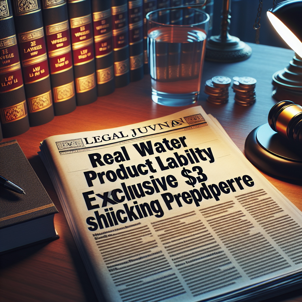 An image showing a headline on a newspaper or legal journal that reads 'Real Water Product Liability: Exclusive $3B Shocking Precedent'. The headline stands out prominently on the page. The surroundings hint towards a lawyer office setting with a desk covered in stacked up legal documents, an open law book and a reading lamp casting soft shadows around the room. Let the atmosphere evoke a sense of serious legal implications and the magnitude of such a big verdict.