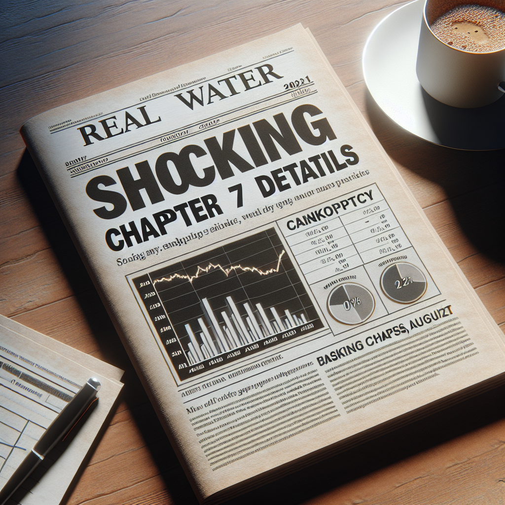 Create an image that shows a newspaper article with a headline 'Shocking Chapter 7 Details' and a subtitle 'Real Water Bankruptcy, August 2021. The image should have a photorealistic quality with natural lighting and soft shadows revealing a grim situation. The article has a few market charts and graphs depicting the decline of the company. The newspaper is lying on a mahogany table next to a cup of steaming coffee.
