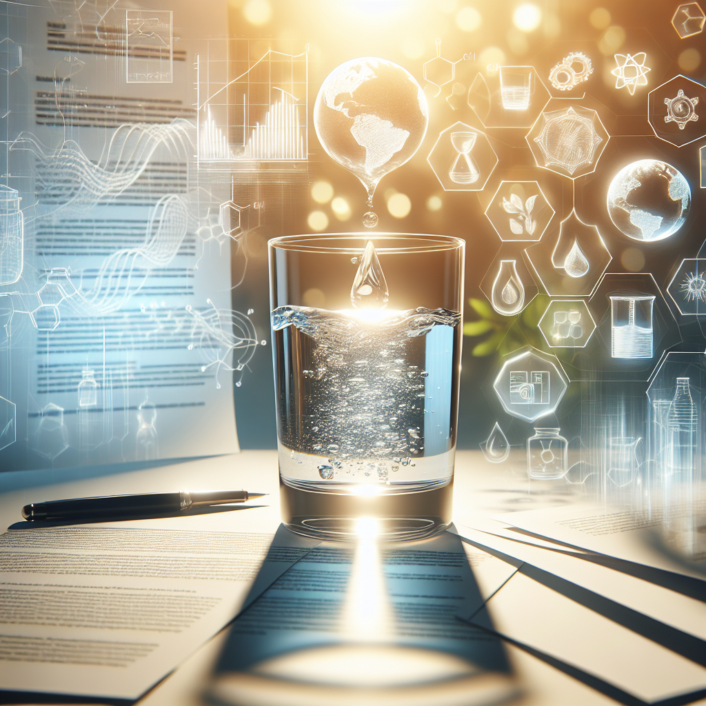 Illustrate a conceptual representation of water reforms or overhaul. It should convey a sense of major changes and improvements in the ‘water quality management’. Display documents that hint at new regulations, improved scientific research, and redesigned water purification systems. Use an element of natural lighting and soft shadows to enhance the visual appeal. As a symbolic representation, show clean, shimmering water held in a transparent glass against the backdrop of a bright, sunny environment to signify the positive outcome of these changes.