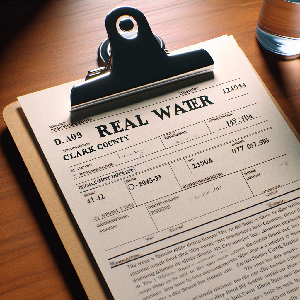 Generate a high-quality, photorealistic image capture of an official court docket related to a case involving 'Real Water' in a region known as Clark County. The image should feature natural lighting and soft shadows, accentuating the document's details and text.