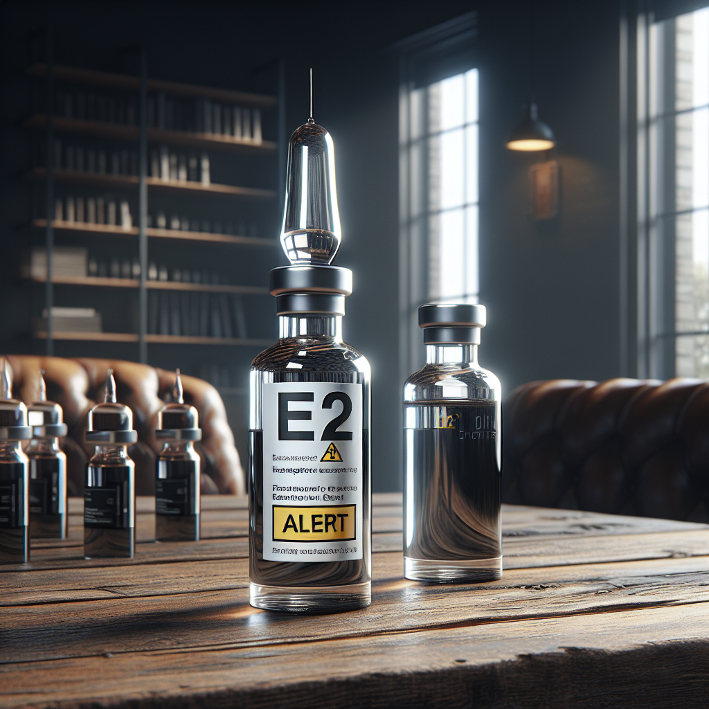 Generate a high-quality, photorealistic image using natural lighting and soft shadows. The picture should communicate a sense of danger associated with some sort of wine enhancer, labelled as E2. This could be displayed through an 'ALERT' sign or notification next to a bottle of this enhancer. The bottle should look striking in a way that indicates risk or potential harm. The setting can be on a rustic wooden table with an environment that flawlessly fuses the contemporary and the traditional, to present a contradiction of sorts.