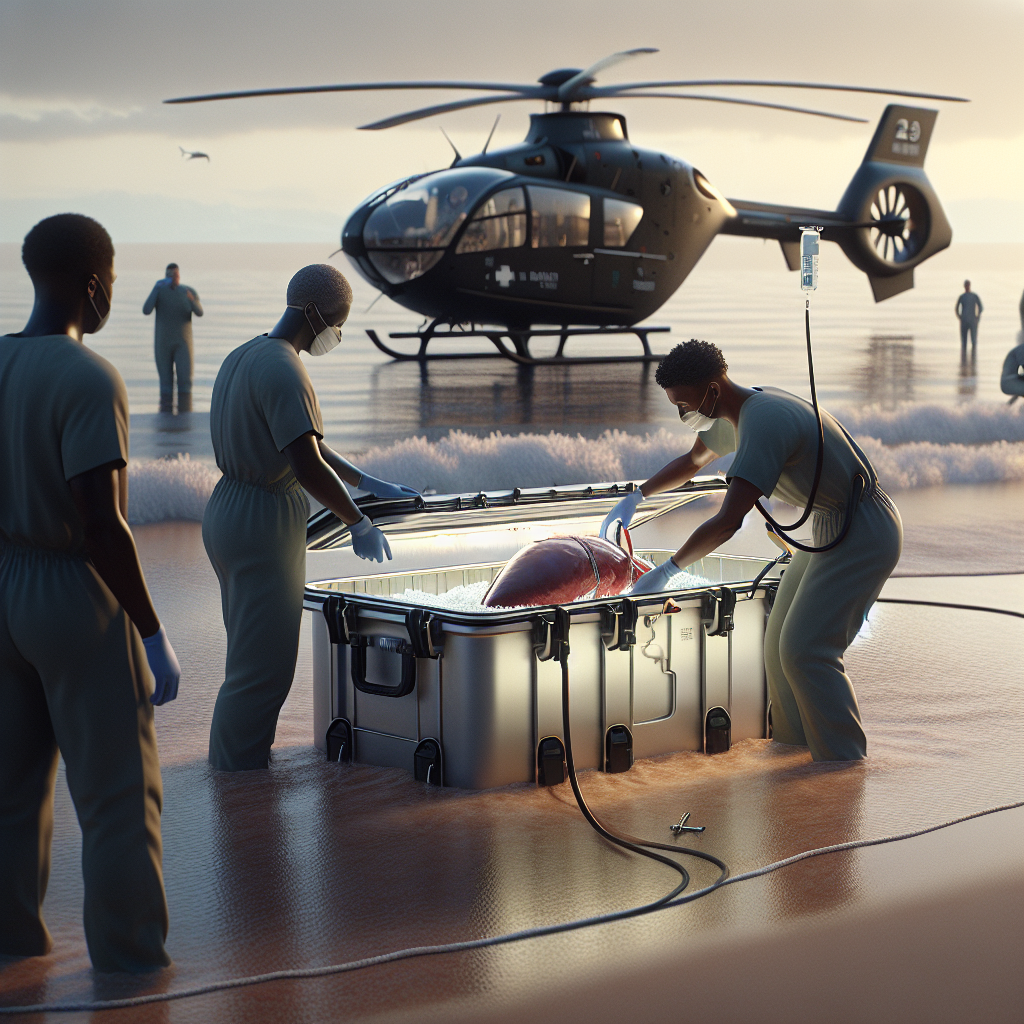 Create a photorealistic image that depicts a scene of organ transport. The focal point should be a liver being carefully packed into a specialized, frigid container design for organ transport. The setting is a beach at dawn, with the subtle ocean waves and pristine sand providing a serene backdrop. A helicopter, designed for such operations, waits nearby with its rotors creating ripples on the water's surface. Medical crew members of different genders and descents, including Black, Hispanic, and Asian descent, prepare the liver for the flight, their faces reflecting a mix of concentration, dedication, and hope. The lighting is natural, with soft shadows, adding a sense of realism to the scene.