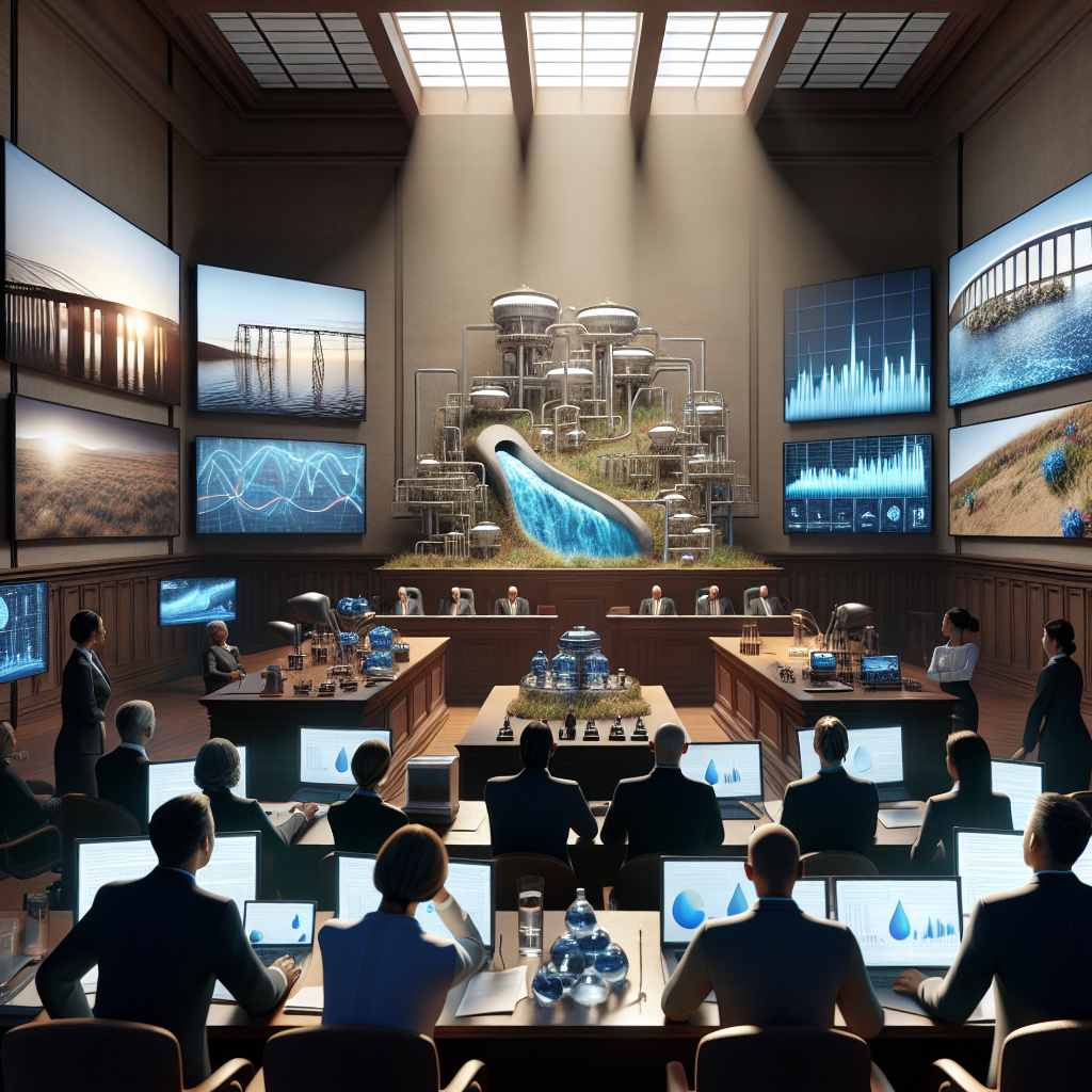 A photorealistic scene inside a courtroom, bathed in the soft glow of natural lighting. On display is compelling evidence related to a spectacular water situation. Instead of a traditional set of legal papers, imagine an array of high-tech screens and devices presenting data, charts, and presentation slides. The centerpiece could be a model of a reservoir or a water supply system. A diverse group of professionals, including a South Asian female lawyer, a Caucasian male scientist, and a Middle Eastern female judge, are intensely studying this evidence. The court attendees appear stunned by the findings, creating an atmosphere of breathless anticipation.