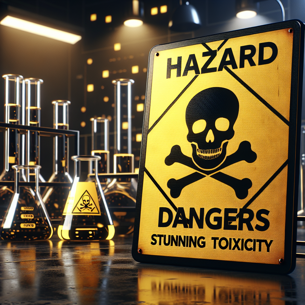 Visualize a hazard warning sign with striking and alarming attributes to represent the deadly substance Hydrazine. This sign should be placed on a dark, industrial-looking background for emphasis, with yellow and black striking colors for caution. In the background, there should also be laboratory glassware like flasks and beakers, implying a science environment. The sign itself should have a skull and crossbones symbol to denote the extreme toxicity. Accompanying the sign, the phrase 'Hydrazine Dangers: Stunning Toxicity Warning' should appear, capturing the overall dire message.