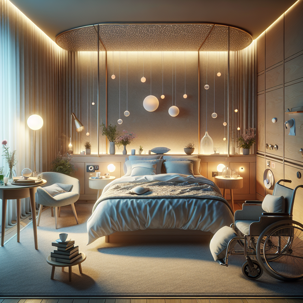 Visualization of a serene bedroom environment optimized for facilitating better sleep of an individual dealing with Amyotrophic lateral sclerosis (ALS). The room has a spacious bed with comfortable-looking sheets and pillows. The room's lighting is soft and warm, designed to be calming. Sleep-related paraphernalia such as a sleep mask, humidifier, plush reading chair next to a small stack of books and a cup of herbal tea on the bedside table can be seen. Various aids that may assist a person with ALS are subtly integrated into the room - wheelchair-friendly space, easily reachable switches and handles.