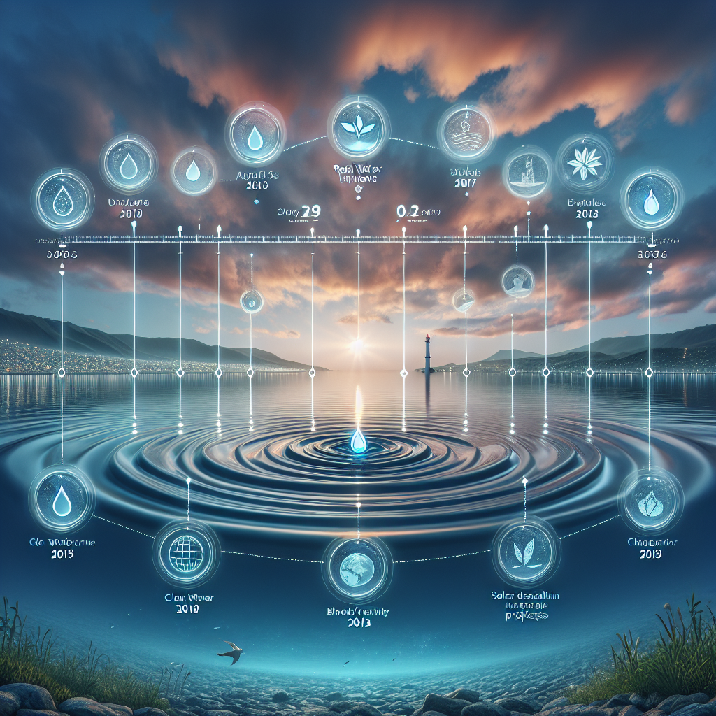 An image depicting a timeline stretching over a serene body of water representing real water timeline; with key dates and critical updates suspended like ripples across the water's surface. Each key date reflected in the water is accompanied by an icon symbolizing the associated update, like a water droplet for clean water initiatives, a leaf for biodiversity efforts, or a sun for solar desalination projects. An overlay of soft evening hues paints the sky, suggesting the passage of time. In the distant background, ensure to portray a lighthouse, symbolizing guidance and constant vigilance in the journey of water conservation.
