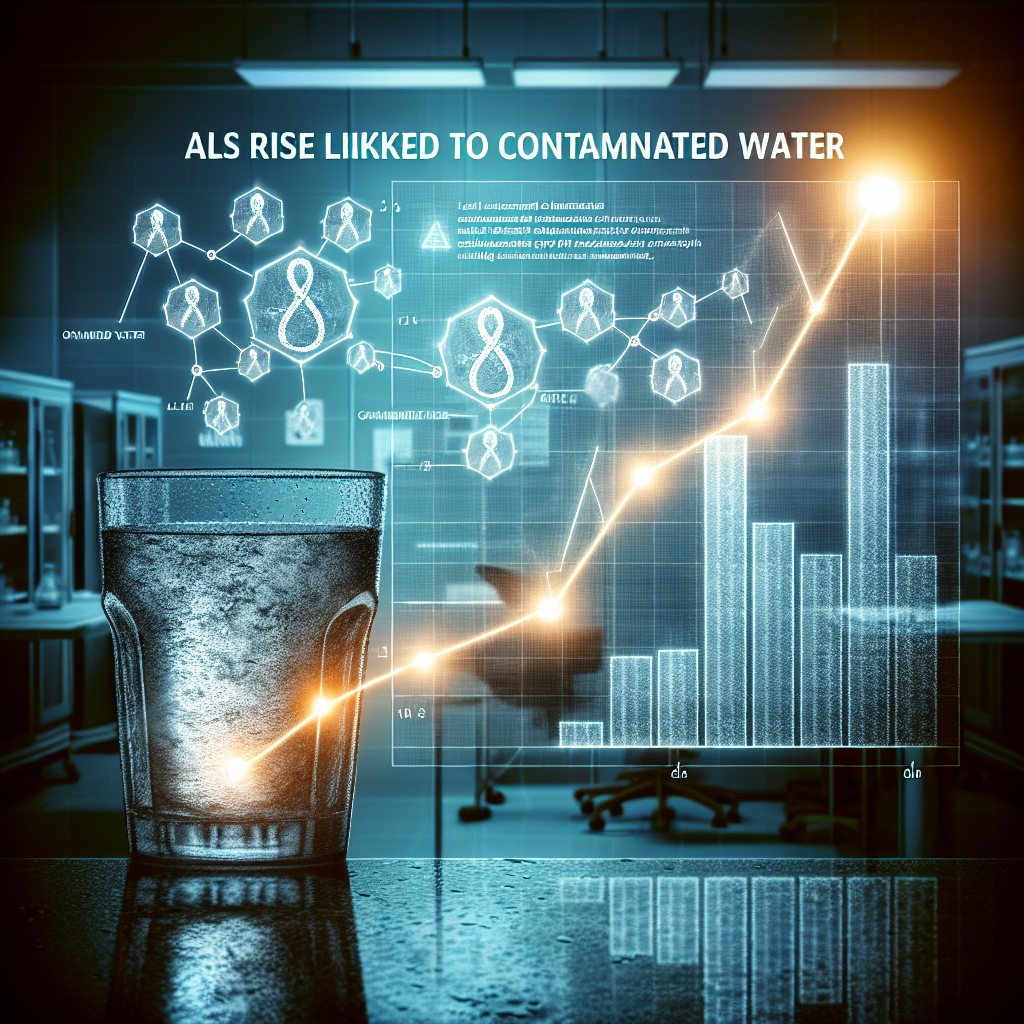 A striking visual representation of the correlation between contaminated water and the increase of ALS cases. Showcase a glass of cloudy, impure water on the left with an ominous shadow, while on the right, stylize a rise in numbered chart showcasing higher ALS cases. Connect the two with a glowing, not-too-subtle line to emphasize the link. Include a background of clinical environment to enhance the contrast. Also, overlay the images with bold capitalized text saying 'ALS RISE LINKED TO CONTAMINATED WATER', to underscore the message of the scandal.