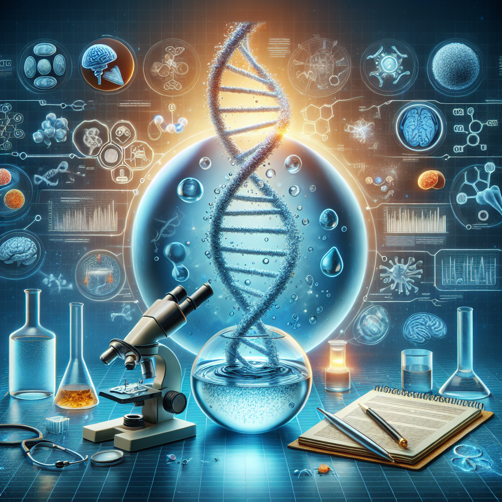 An enlightening and informative visual representation related to 'Amyotrophic Lateral Sclerosis (ALS) Basics'. The image should focus on symbolic elements that represent 'Stunning New Findings on Water & Disease Risk'. The foreground should present a DNA helix intertwined with a water stream, representing new genetic research connected with water and disease risk. In the background, include thematic iconography such as a microscope, notepad with research data, a glass of water, and a human brain. Finally, enrich the scene with subtle nuanced details like molecules and medical symbols to symbolize the intricacy of the research.