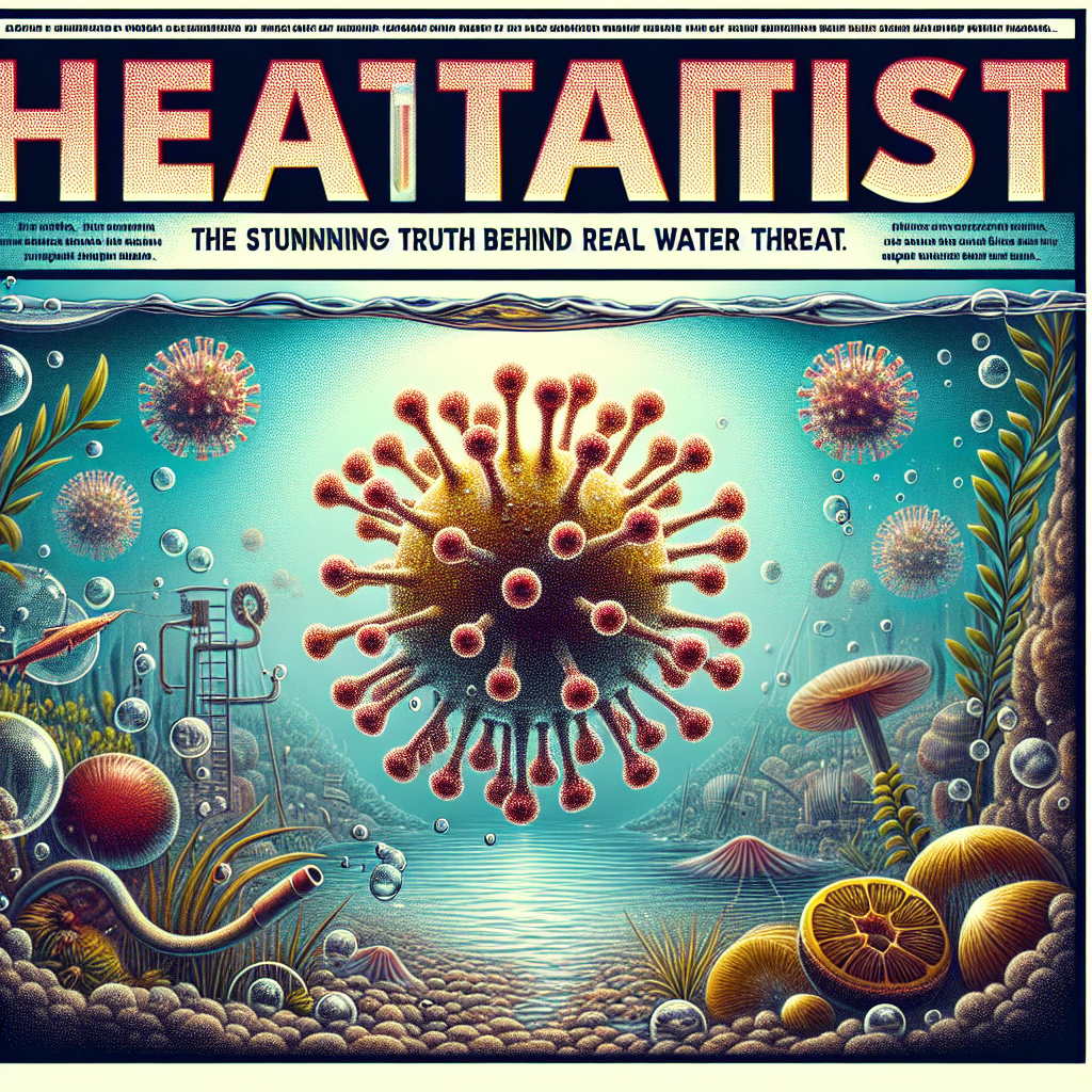 Create a detailed illustration showing a microscopic view of Hepatitis virus particles in water droplets, emphasizing the danger lurking beneath the surface of what appears to be normal water. The backdrop should consist of typical water-borne elements like aquatic flora & fauna and bubbles, all artistically rendered to express a sense of unexpected menace. The colors should be stark and alarming to depict the severity of the outbreak. The image should be enhanced with a headline in bold typography reading 'Hepatitis Outbreak: The Stunning Truth Behind Real Water Threat'.