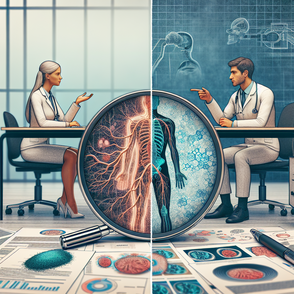 Visualize a scene where two professionals from the medical field – a Caucasian woman and a Hispanic man – are discussing the topic of ALS treatments. They are seated at a conference table filled with medical reports, a computer, and a 3D model of the human nervous system. In the segregated part of the image, show a microscopic view of clean, toxic-free water. A magnifying glass icon implies the examination of water for contaminants. Emphasize the dichotomy between health care and danger, through contrasting colors and visual elements.